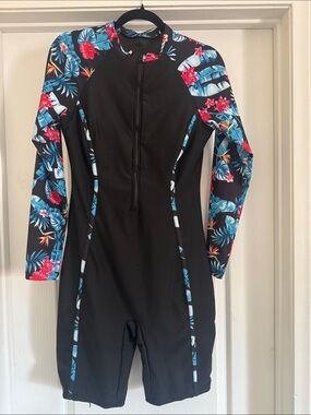 SHEIN Black One-Piece Long-Sleeve Swimsuit with Blue and Pink Floral Print